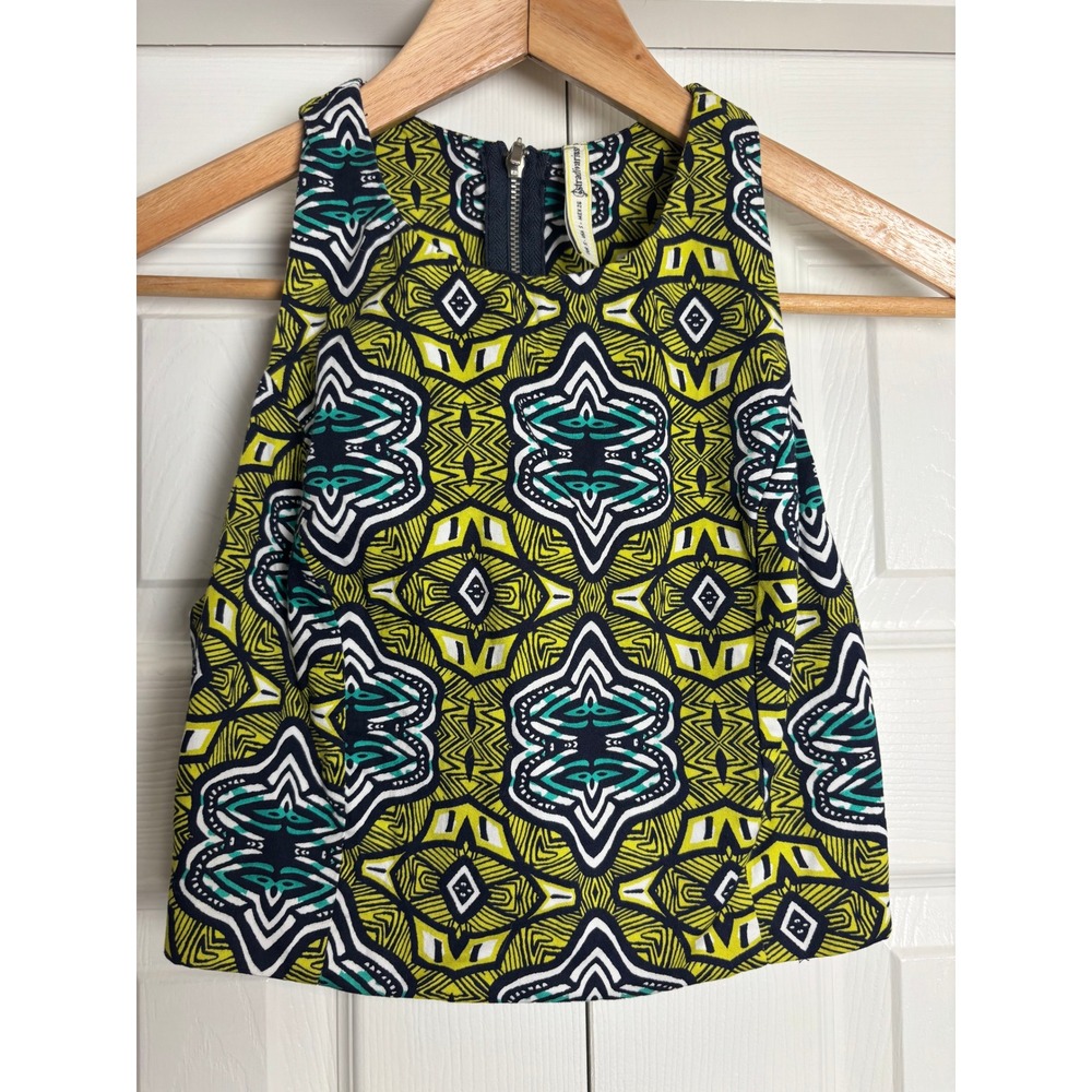 Stradivarius Geometric Tribal Print Crop Top Back Cutout Navy Lime Green Small